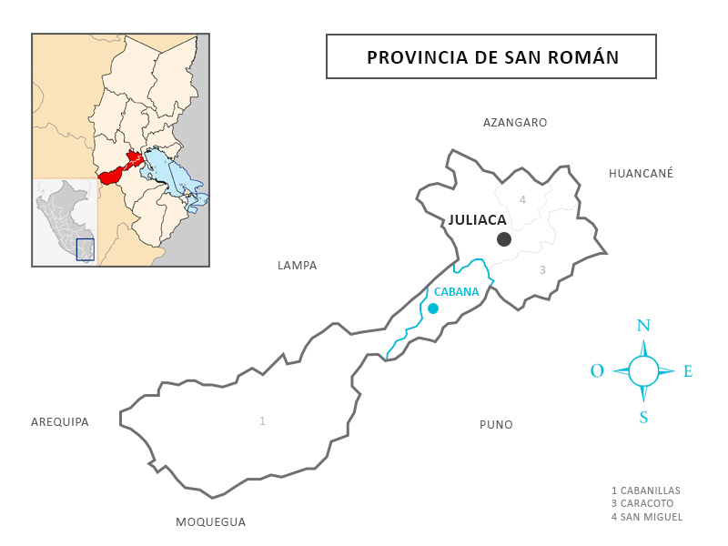 Mapa de ubicación y limites del distrito de Cabana en juliaca