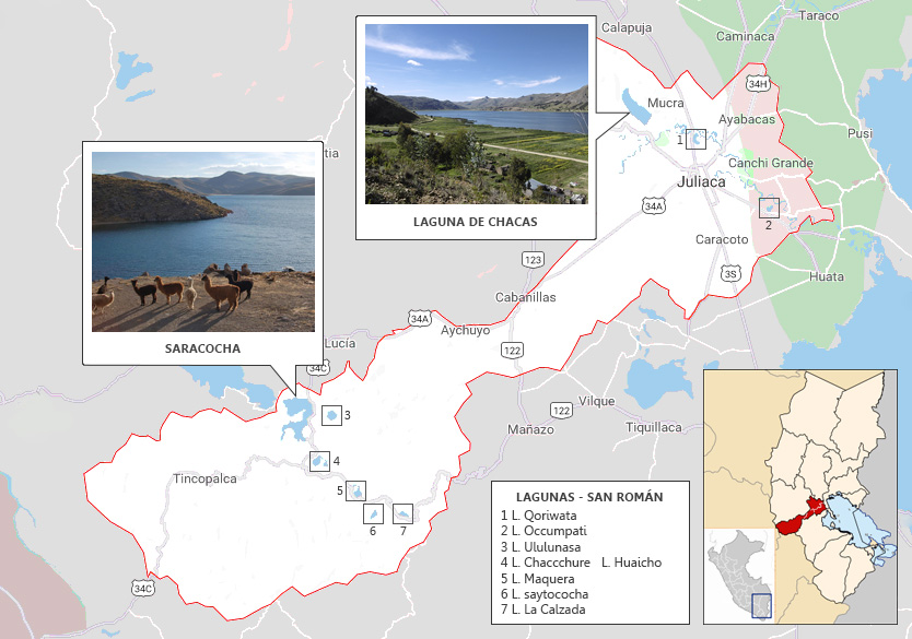 Mapa de ubicación de las lagunas de la provincia de San Román Puno